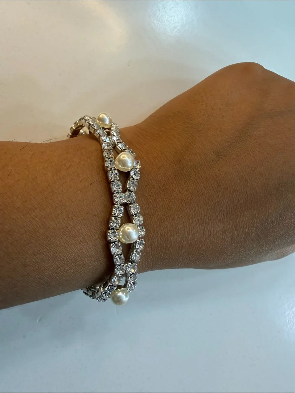 Pearl & Rhinestone Double Strand Statement Bracelet | Sterling Silver and CZ